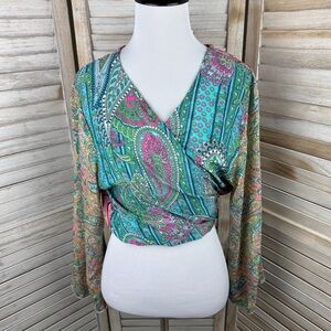 Bigg Bull Paisley Hippie Chick Boho Wrap Style Bell Sleeve Blouse Size Small